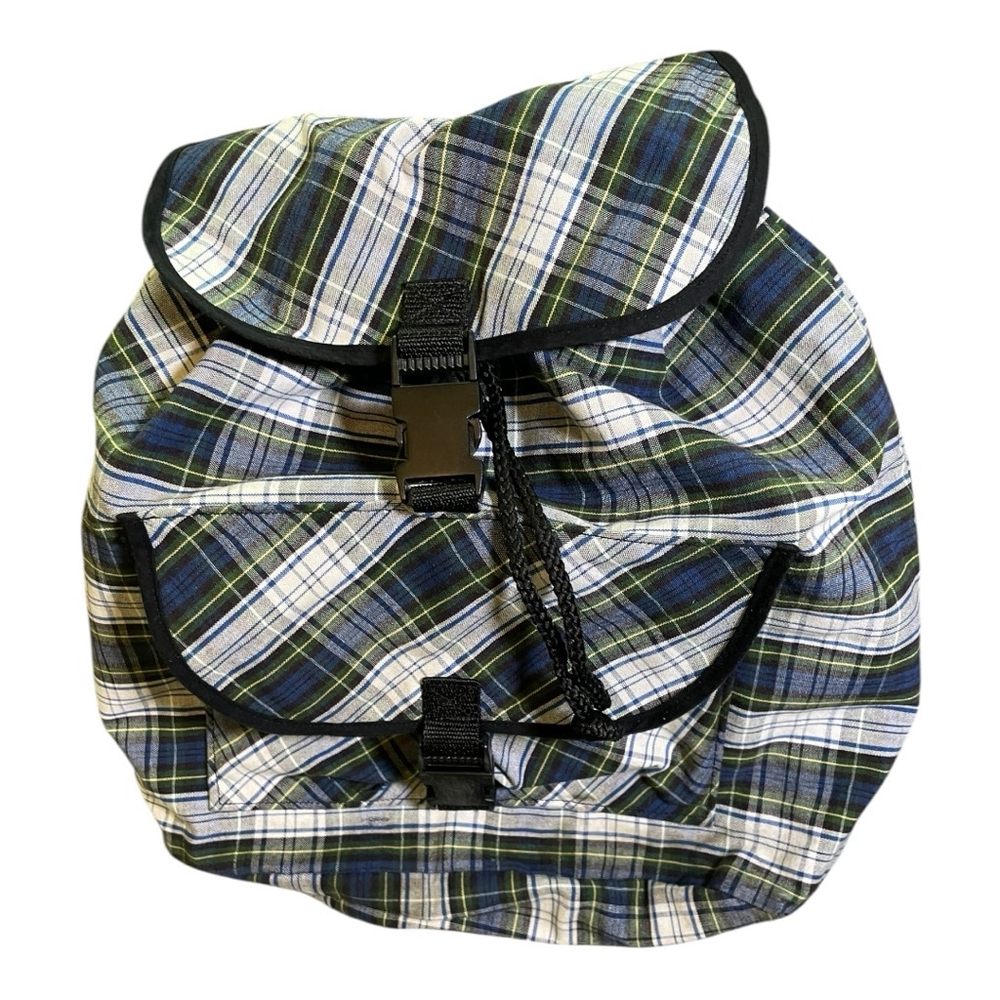 Plaid Drawstring Backpack with Front Pocket - Blue/Green/White